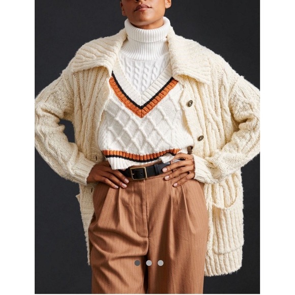 Anthropologie Pilcro Cardigan Sweater Size S Ivory Cable Kit Wool Blend - Picture 2 of 16